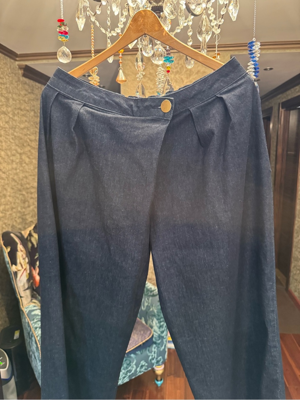 High-Waist Dark Blue Wide-Leg Women's Pants
